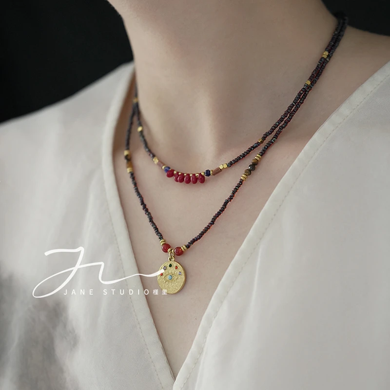 槿里 钛钢项链 「采桑引香」原创复古叠戴黑色串珠项链女小众锁骨链