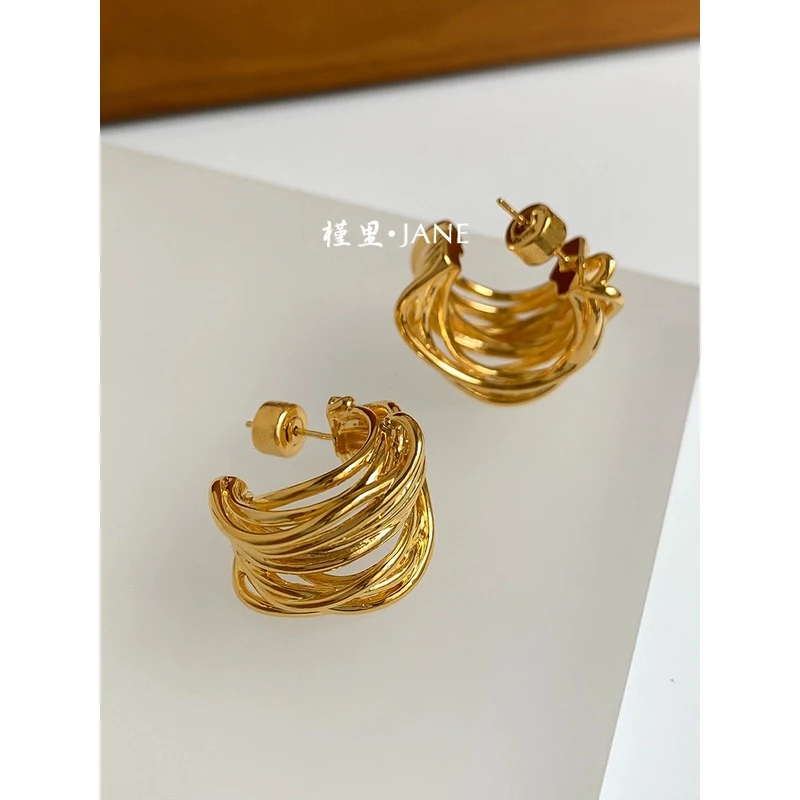 欧美复古金色绕线C形耳环时髦耳圈宽面时尚气质耳饰女