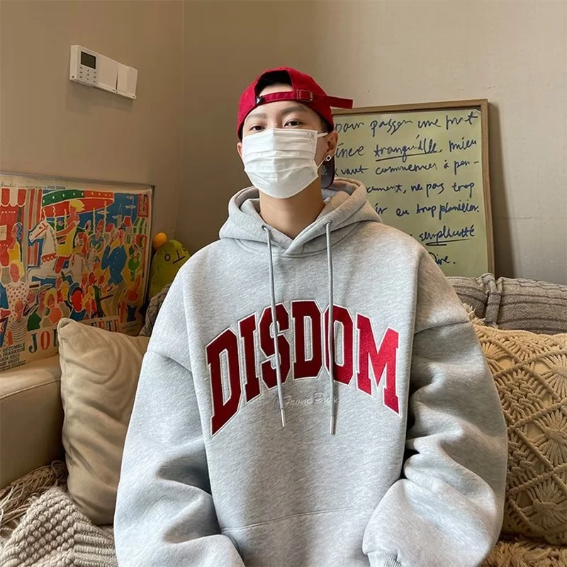 灰色连帽卫衣男秋季新款美式潮牌字母刺绣套头衫复古潮流宽松外套