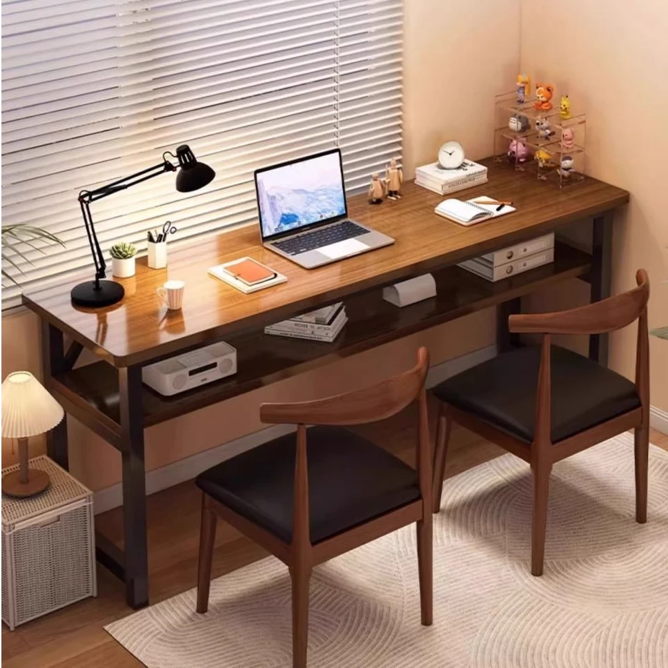 龙谋书桌简易双人学生家用卧室电脑桌办公长方形靠墙窄桌长条桌子