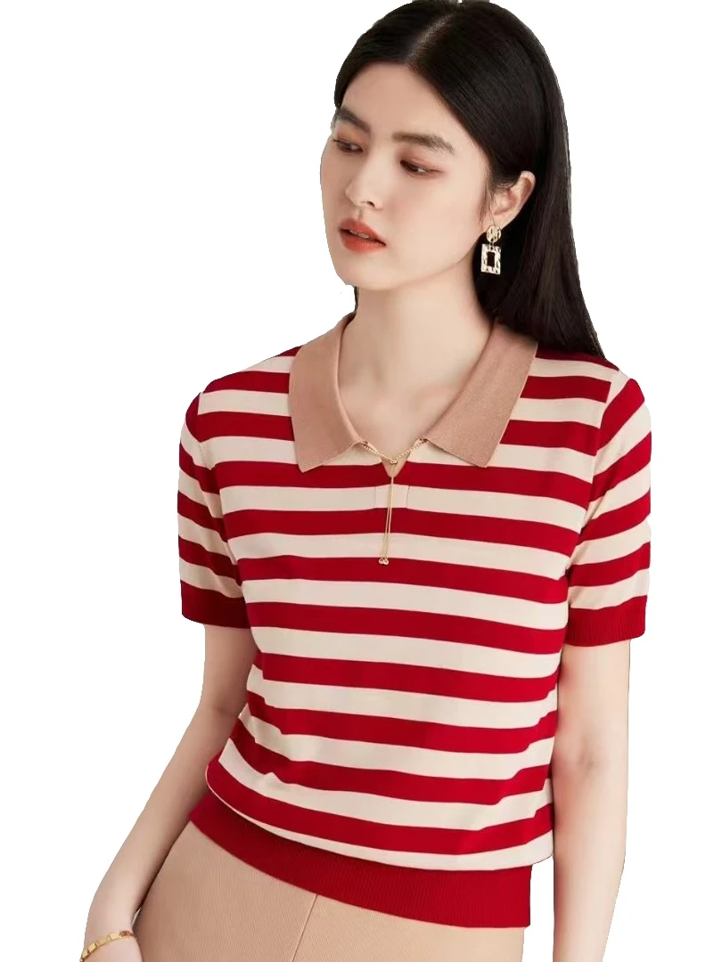 天丝吸汗透气天然冰感条纹显瘦修身休闲拼色女上衣