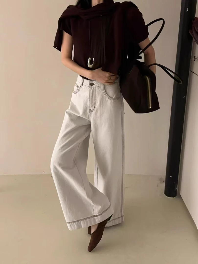 L-but#B5366-3#灰白色 韩版高腰直筒阔腿裤 宽松牛仔裤女