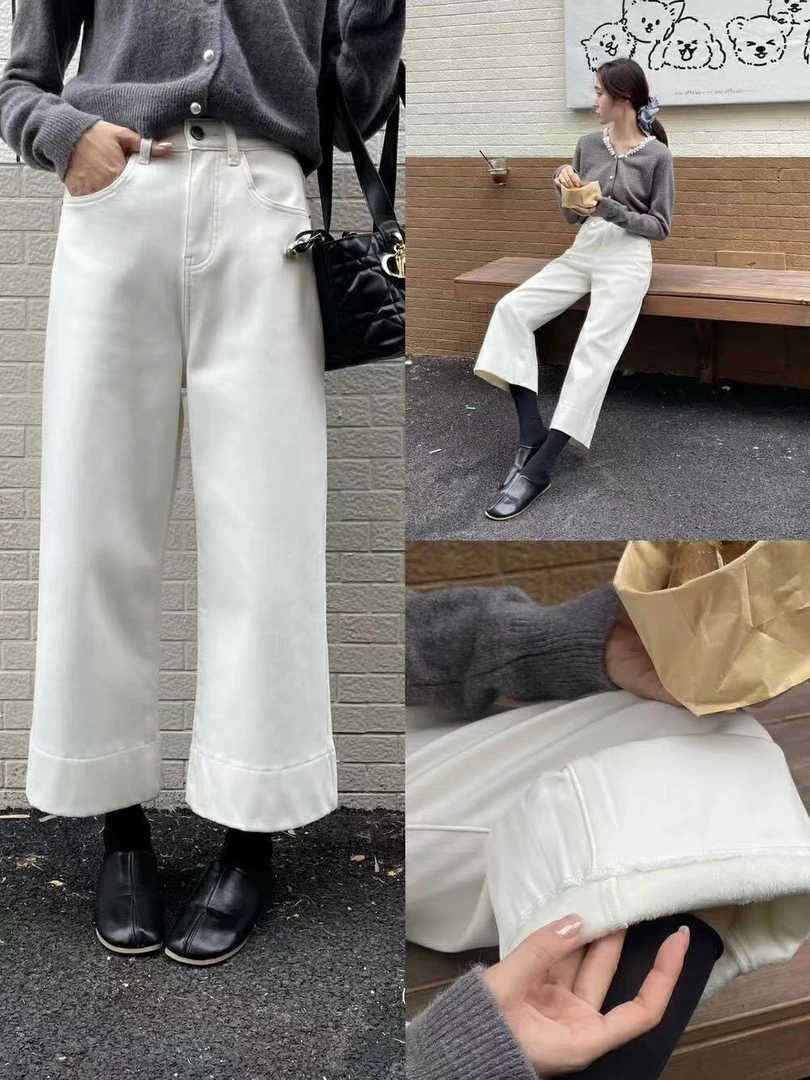 99922#加厚复合绒 弹力 韩版高腰九分直筒奶奶牛仔裤女