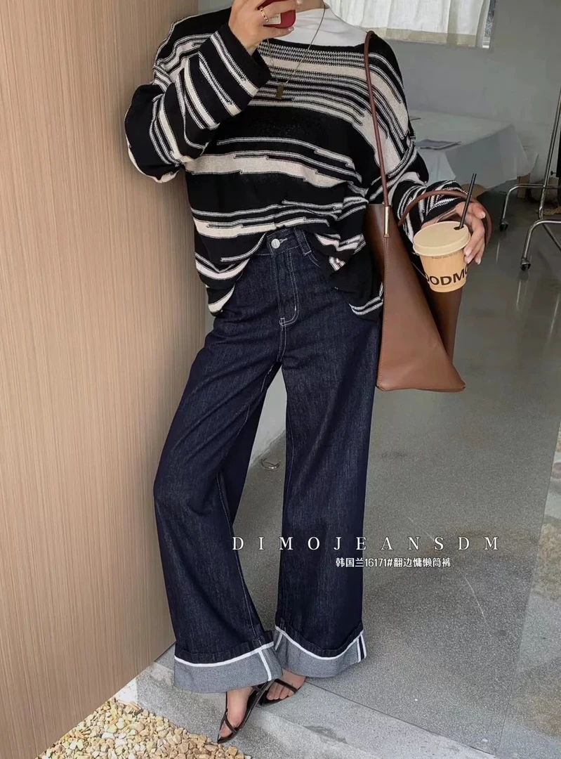dimo#16171#无弹 韩版高腰宽松直筒阔腿裤 翻边牛仔裤女