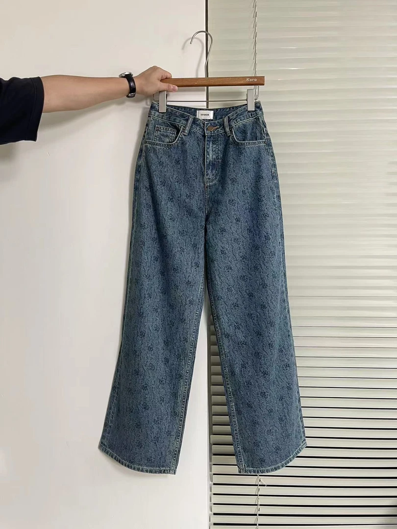 青衣秀#20387#秋季新款 提花高腰牛仔裤 直筒阔腿裤女