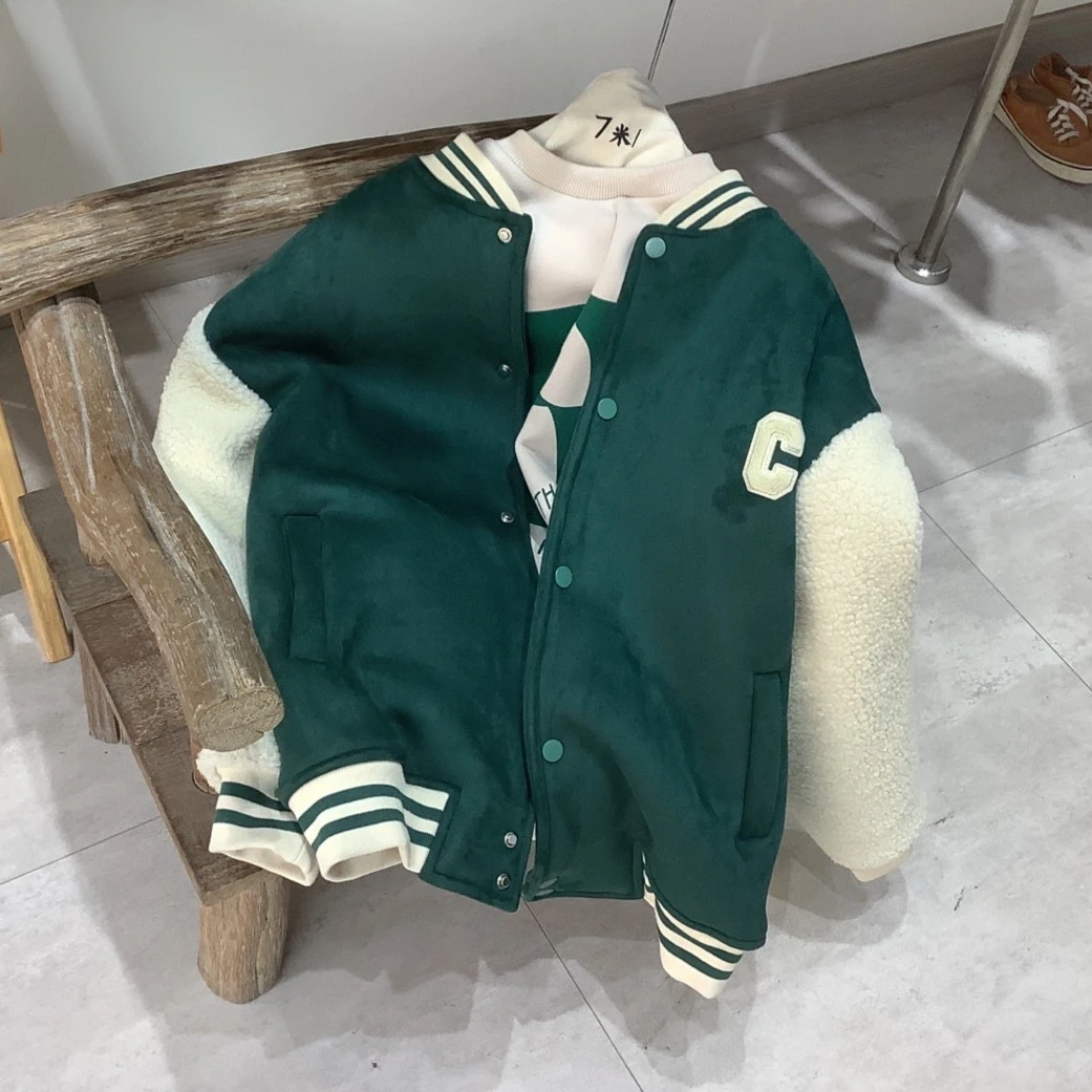（SQ-102）冬款儿童中大童皮毛一体拼色棒球服外套 户外休闲时尚