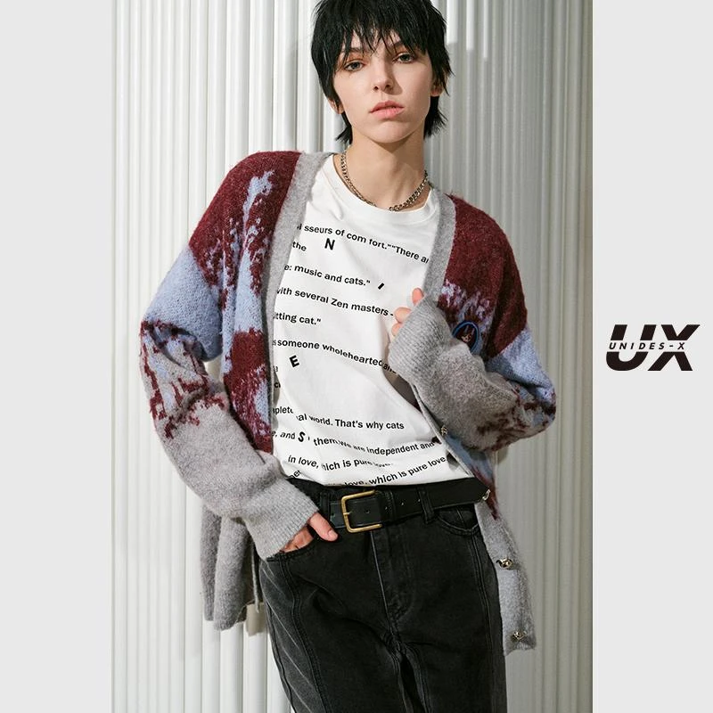 UX 2024冬季新款 猫咪印花开衫女 时尚通勤百搭毛针织衫上衣