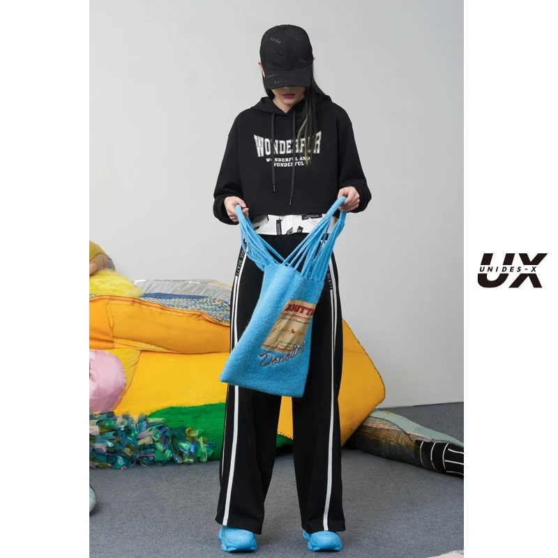 UX夏季新款黑色字母印花拼接假两件卫衣女短款时尚上衣