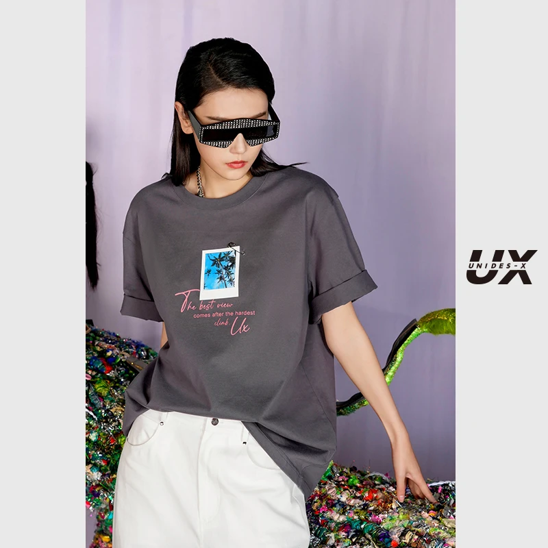UX2024夏季新款灰色椰树图案休闲风印花时尚设计师款T恤