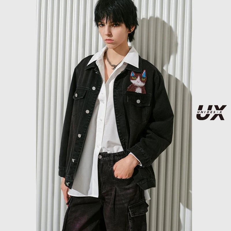 【贝贝专属】UX冬季新款 猫咪绣花牛仔外套棉服女 时尚通勤外套