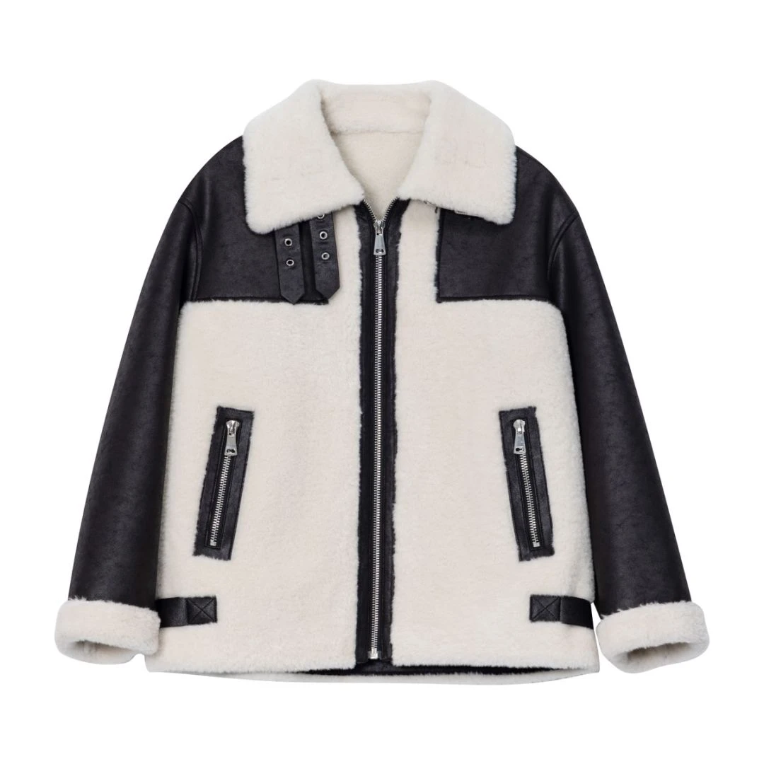 UX冬季新款撞色黑白拼接外套皮毛一体机车服拼接外套