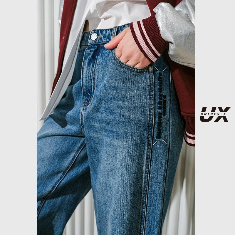 UX 冬季新款 侧边绣花牛仔裤女 时尚通勤休闲长裤 百搭单品