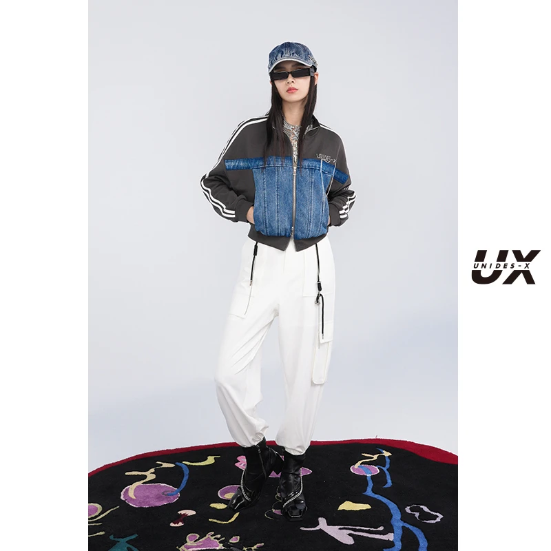 UX2025春季新款牛仔撞色复古短款拼接外套