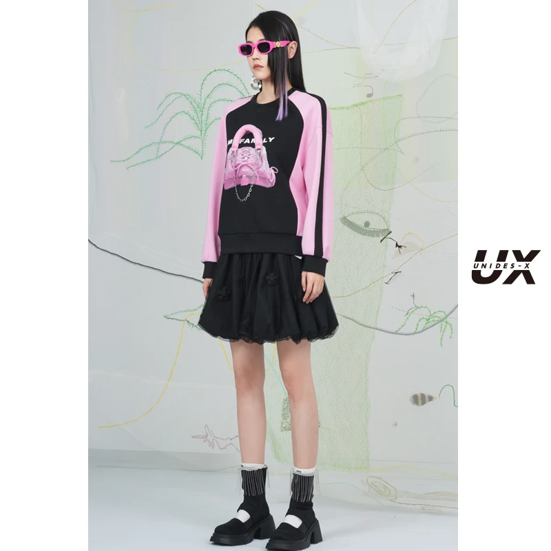 UX新款拼色字母印花长袖立体手提包设计卫衣女中长款宽上衣