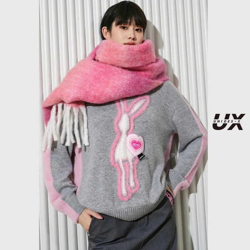 UX 2024冬季新款 灰色兔子拼接毛衫女 时尚通勤百搭毛衣 保暖上衣