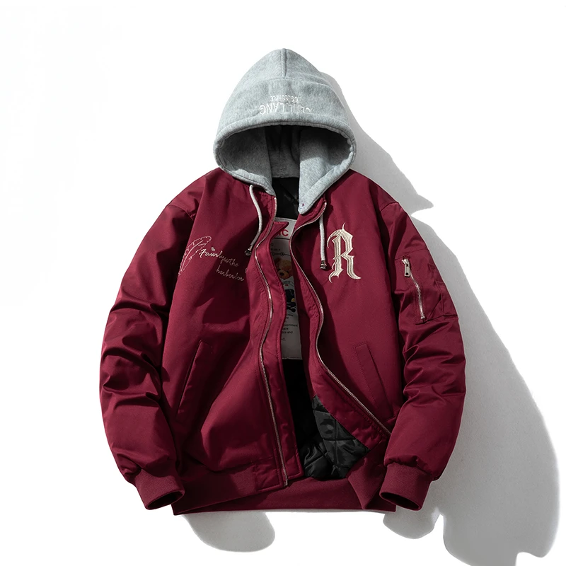 秋冬加厚酒红色潮牌复古刺绣棒球棉服外套男女宽松飞行员夹克棉衣