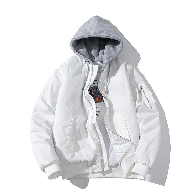 秋冬季净版纯色夹棉白色棒球服百搭飞行员夹克棉服加厚男女情侣装