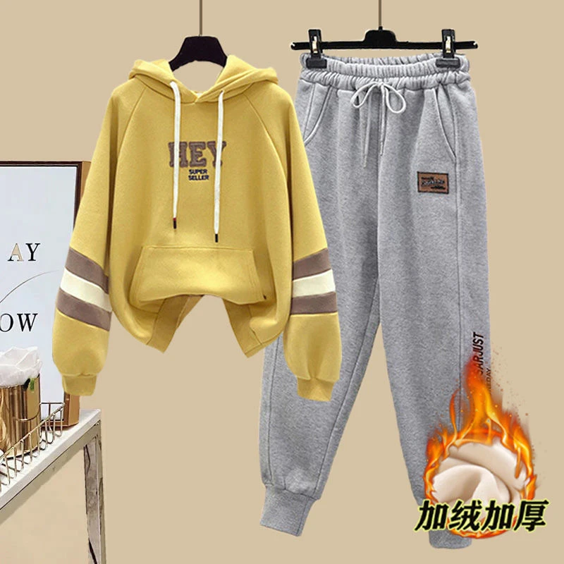 套装女秋冬宽松ins潮2023新款假两件拼色卫衣加绒加厚卫裤休闲装