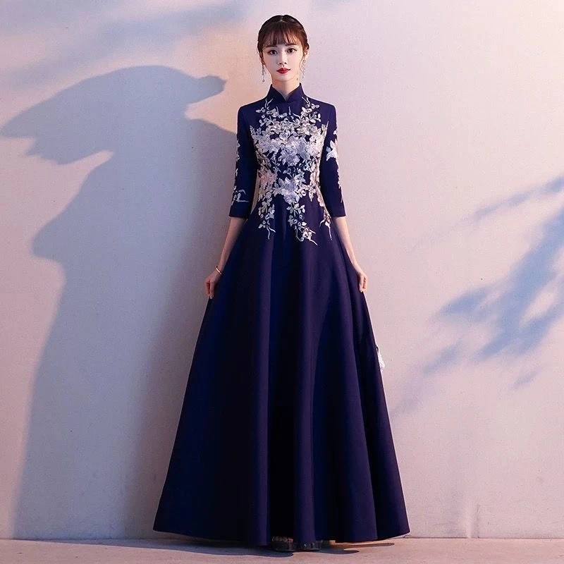 中式晚礼服女2024新款高贵宴会主持人气质长款旗袍大合唱演出裙女