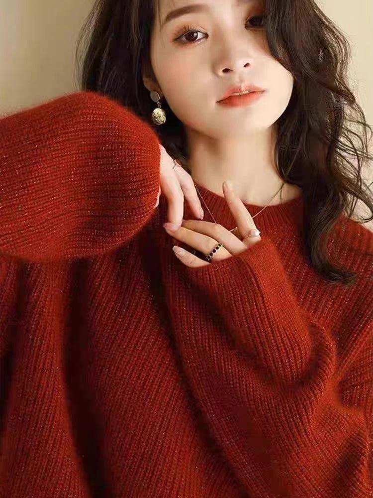 安克拉红色针织衫女冬季复古氛围感毛衣慵懒风亮晶晶套头外套上衣
