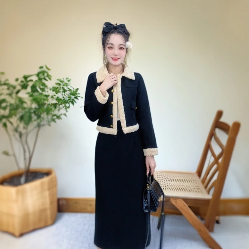 【加绒加厚】【两件套】小香风2024新款短外套半身裙两件套88036#