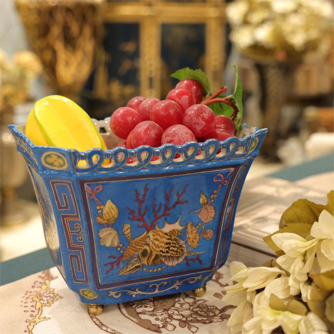 知潇家居/海洋系列果盘/桌面储物盘/手工手绘/铜配瓷/怀旧