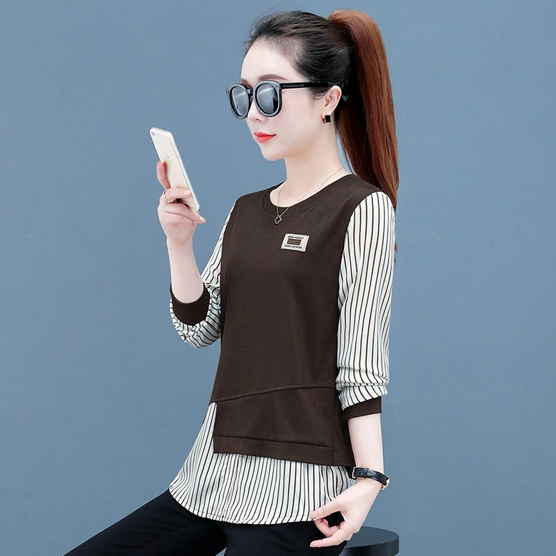 2023年秋季新款洋气时尚宽松显瘦拼接条纹卫衣上衣套头韩版