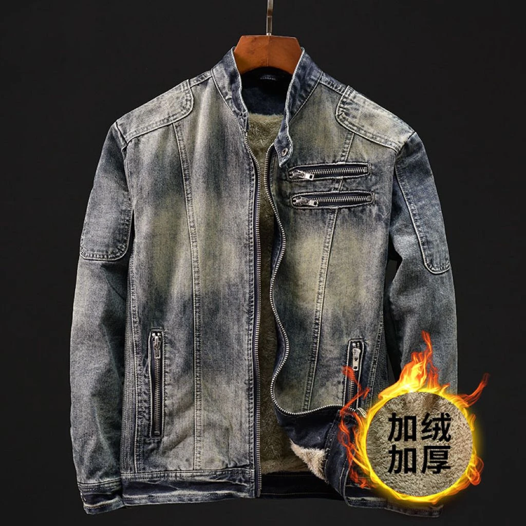 冬款加绒加厚复古牛仔外套男士高级新款夹克机车男上衣修身韩版