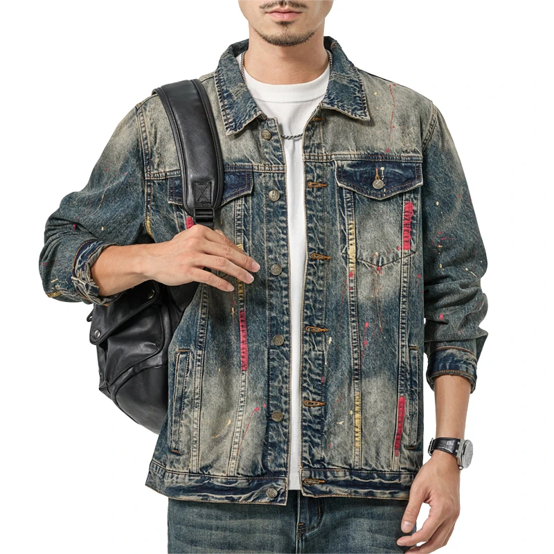 机车美式休闲牛仔外套男款高街潮牌复古宽松夹克大码工装上衣服潮
