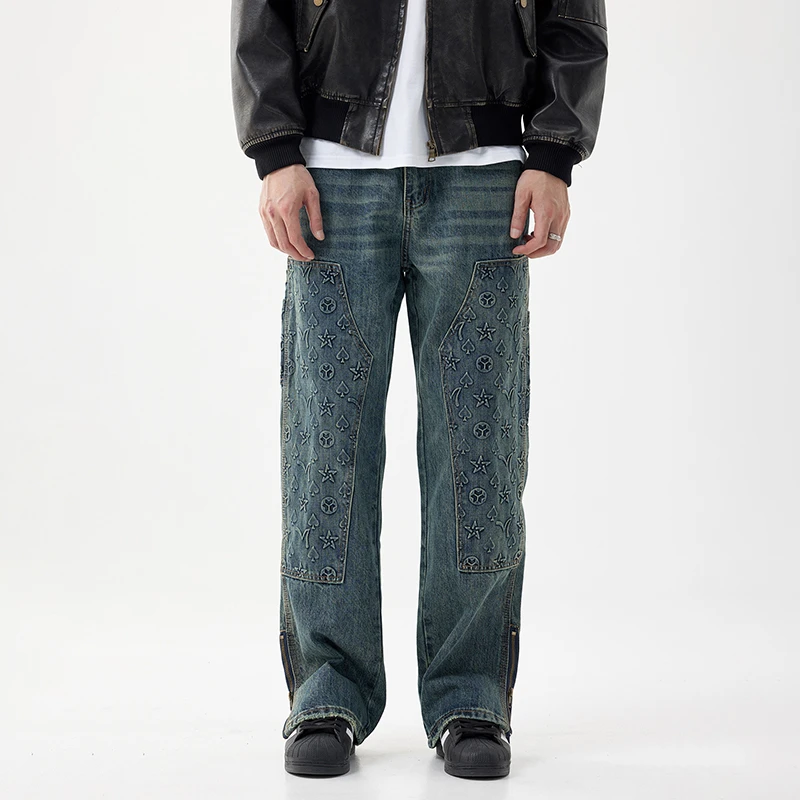 潮牌牛仔裤男宽松直筒高街工装重磅水洗2024新款压印花秋季长裤子