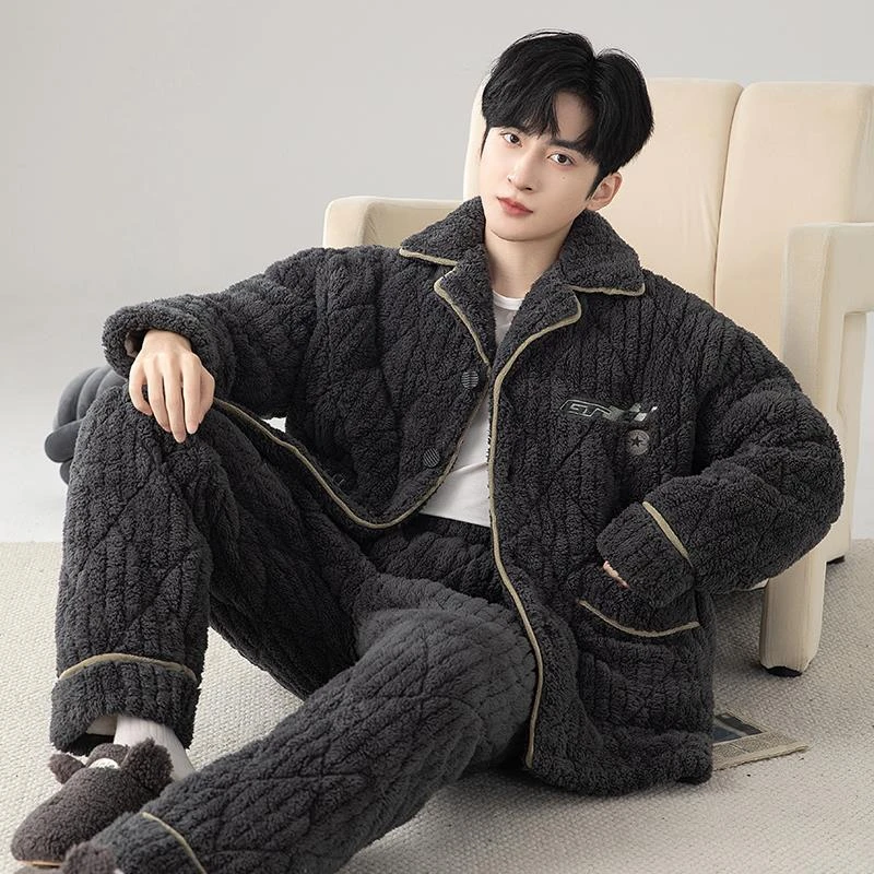 男士睡衣秋冬季2024新款珊瑚绒三层夹棉加绒加厚冬天法兰绒家居服