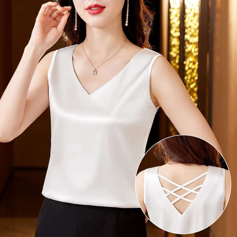 白色醋酸缎面吊带背心女西装内搭春夏新款性感美背无袖打底衫上衣