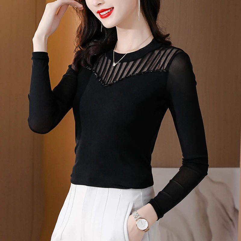 蕾丝打底衫女秋季长袖洋气2025百搭新款亮丝网纱薄款内搭上衣小衫