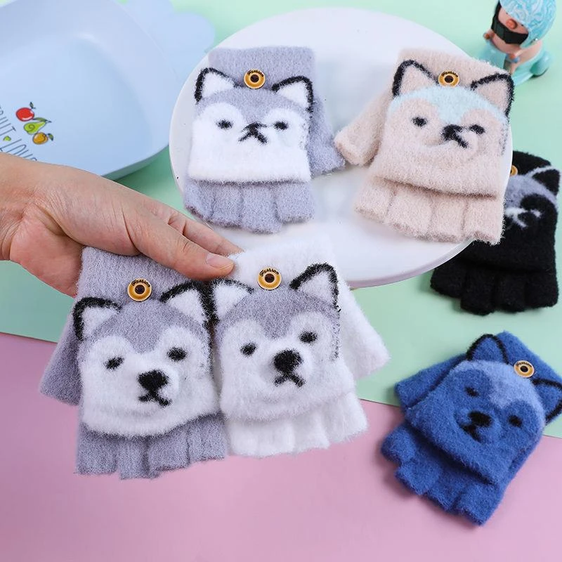 秋冬季学生暖手套大童卡通小孩宝宝加绒毛绒加厚韩版露指半指保暖