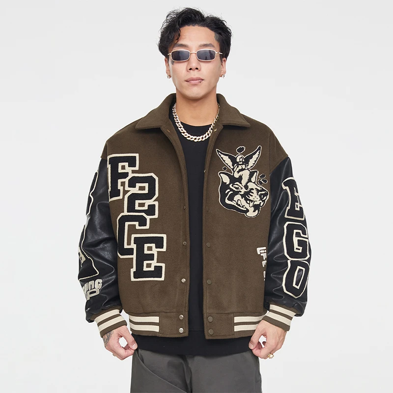 F2CE潮流重磅毛巾绣棒球服羊毛呢秋冬款潮流情侣休闲翻领夹克外套