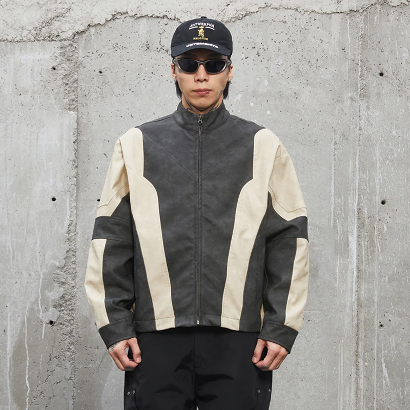 F2CE解构拼色重磅立领皮衣做旧宽松机车皮夹克男廓形vibe休闲外套