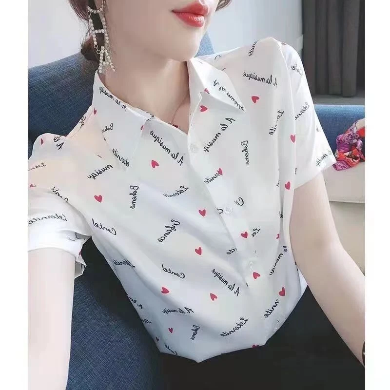 短袖衬衣新款气质上衣时尚polo女士翻领小红心衬衫法式设计感衬衣
