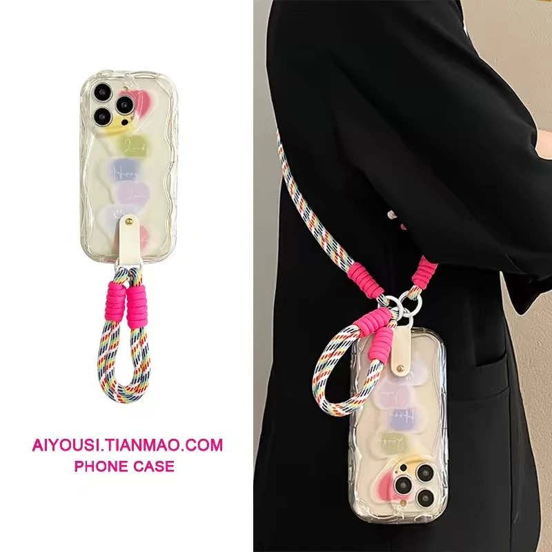 ins渐变爱心手机绳手提斜跨适用苹果/华为/OPPO/VIVO/小米手机壳