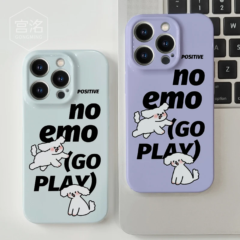 蓝色卡通英文emo狗狗14promax苹果菲林手机壳网红华为oppo情侣
