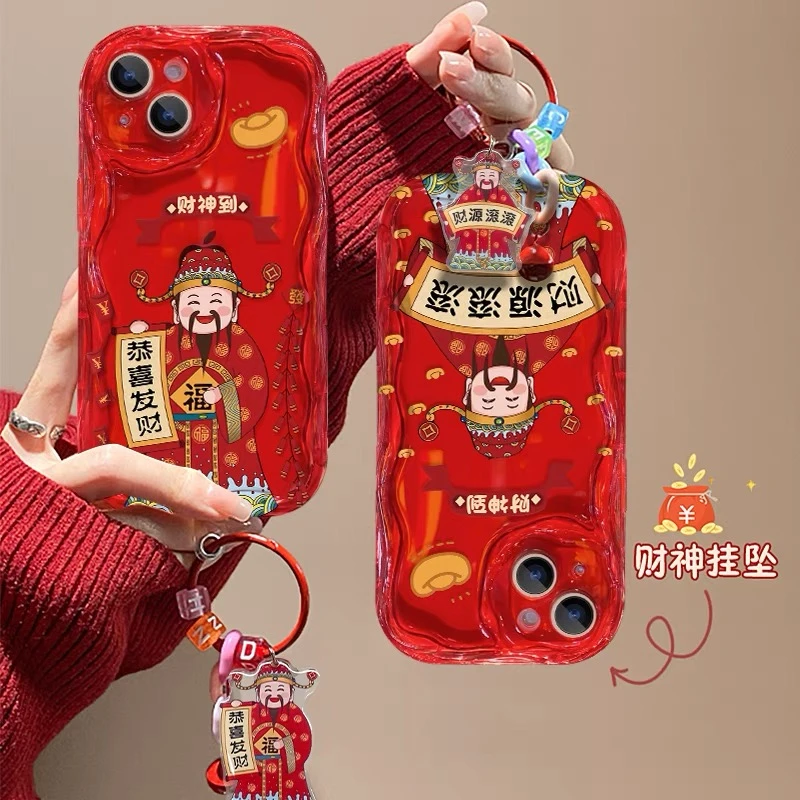 适用苹果/华为/oppo/vivo财神爷财源滚滚喜庆手机壳红色国潮软壳