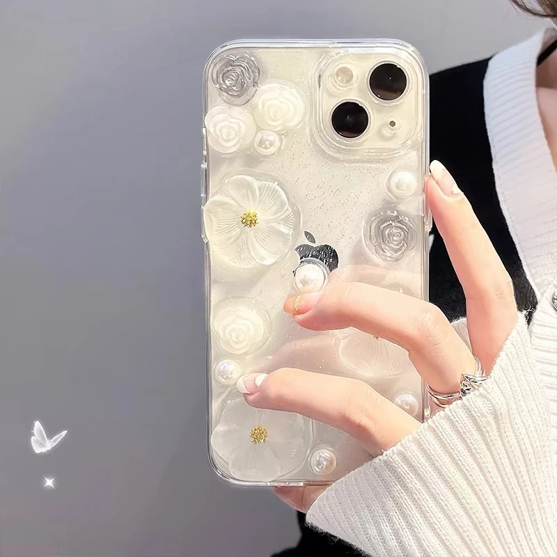 高级感立体珍珠花朵透明滴胶手机壳适用苹果/华为/oppo/vivo小米