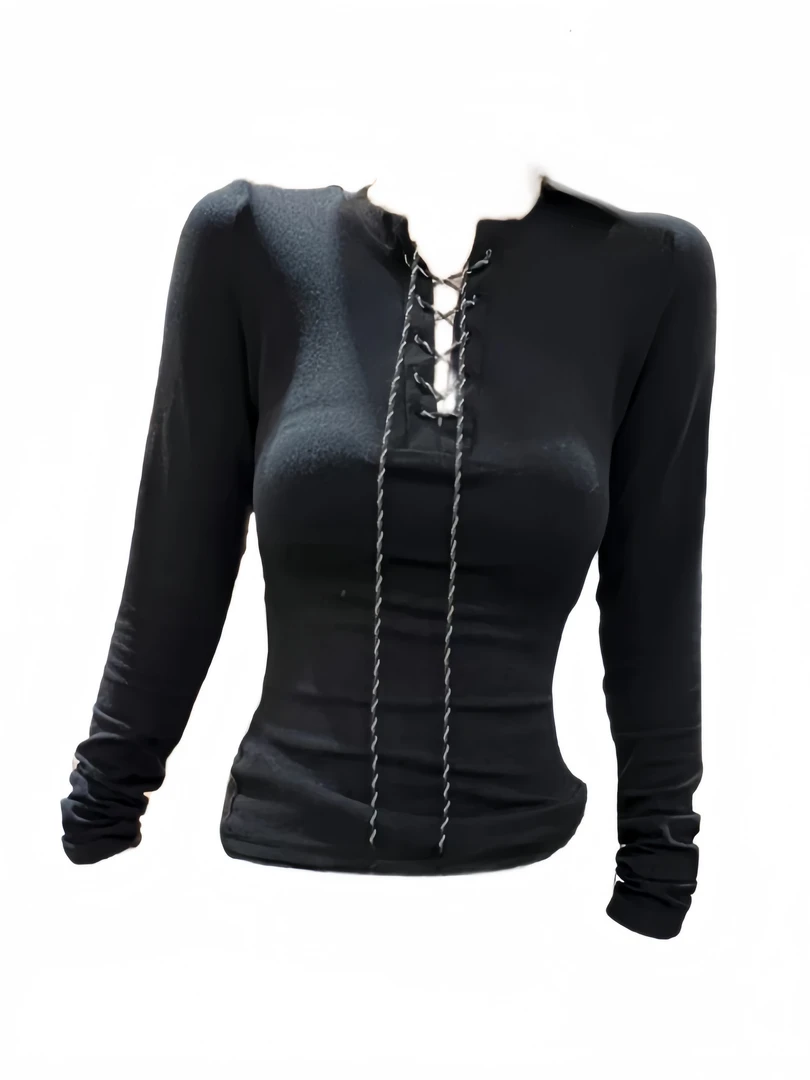 微胖mm纯欲性感V领绑带长袖打底T恤女秋冬季内搭修身显瘦辣妹上衣