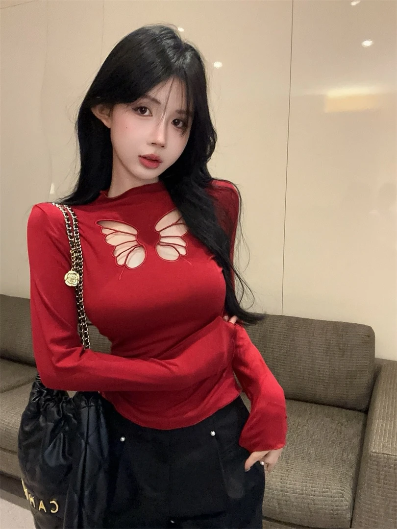 大码胖mm纯欲辣妹半高领蝴蝶结镂空T恤女秋冬修身显瘦打底衫上衣