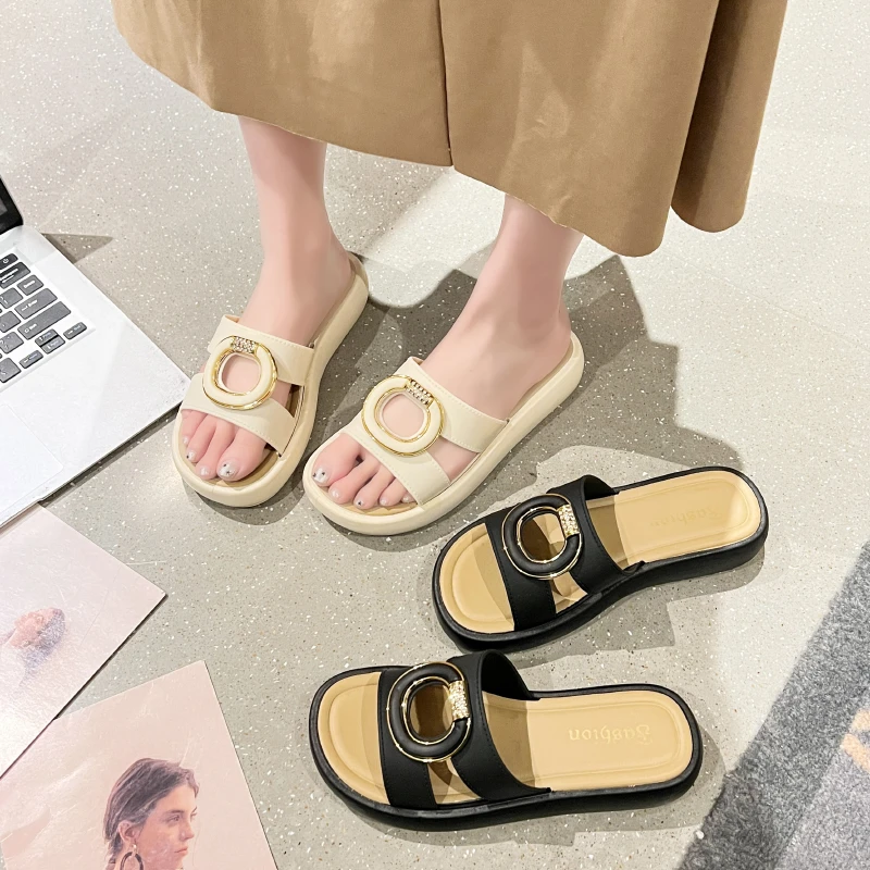 2025年时尚百搭8803-2圆环外穿厚底软底网红夏季休闲女拖鞋