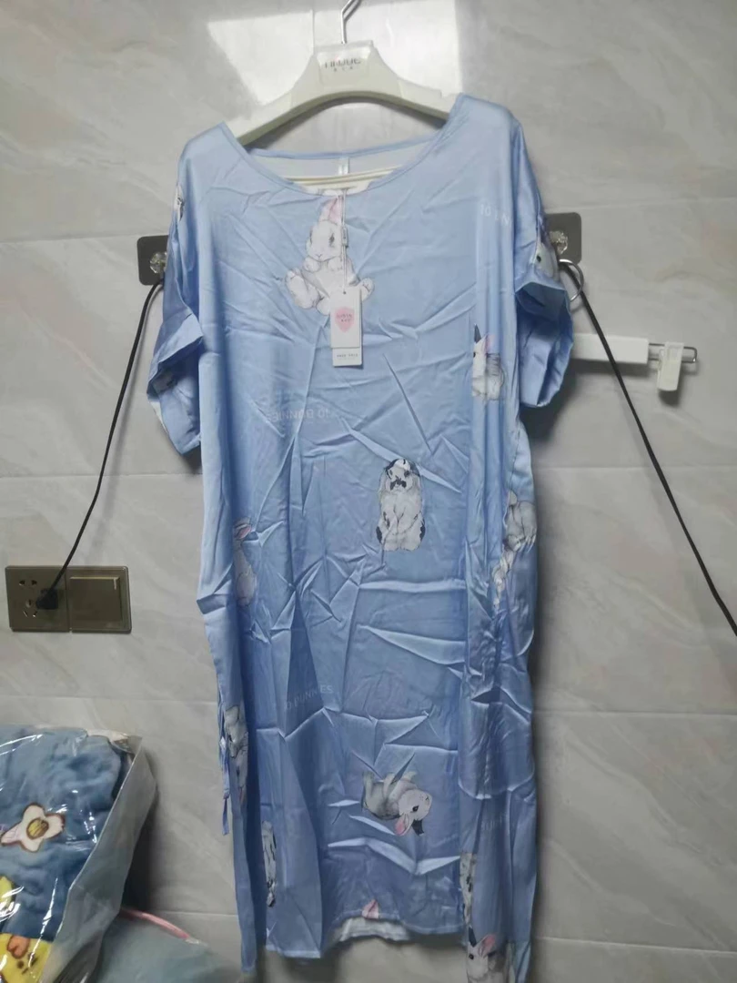 睡裙女夏季冰丝短袖2024年新款圆领真丝大码孕妇睡衣连衣裙家居服