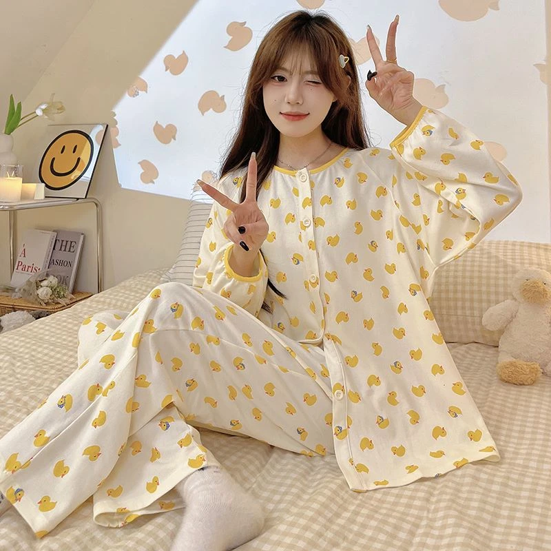 卡通小黄鸭开衫睡衣女春秋冬款纯棉长袖大码宽松学生ins风家居服