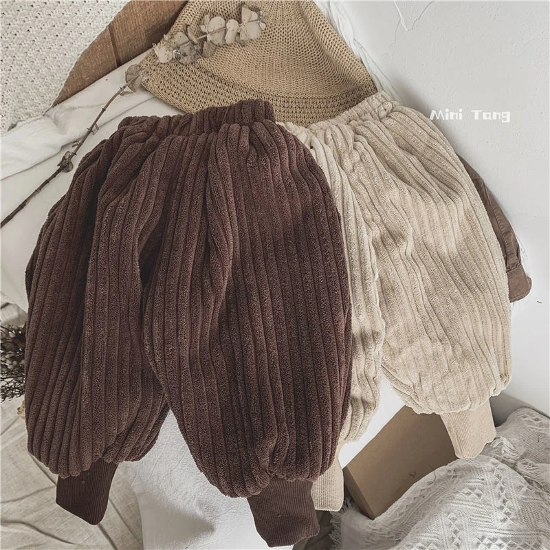 敲厚实~一条过冬儿童保暖加绒条绒束脚长裤子男女宝宝韩版休闲裤