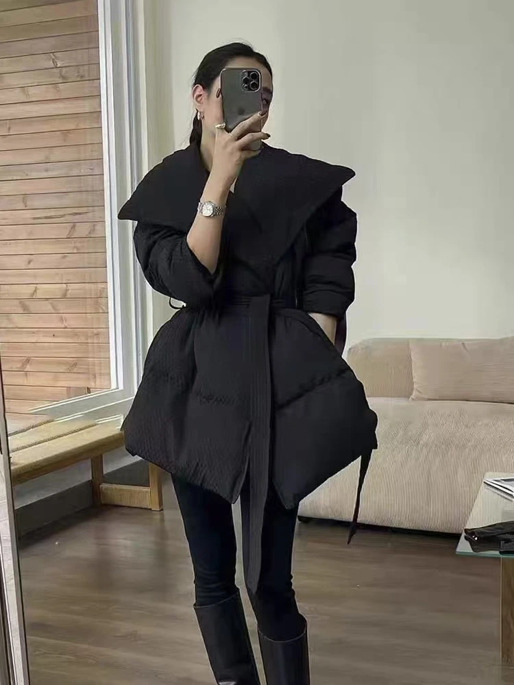 显瘦女翻领中长款棉衣宽松外套短款女士百搭毛领连帽黑色冬季