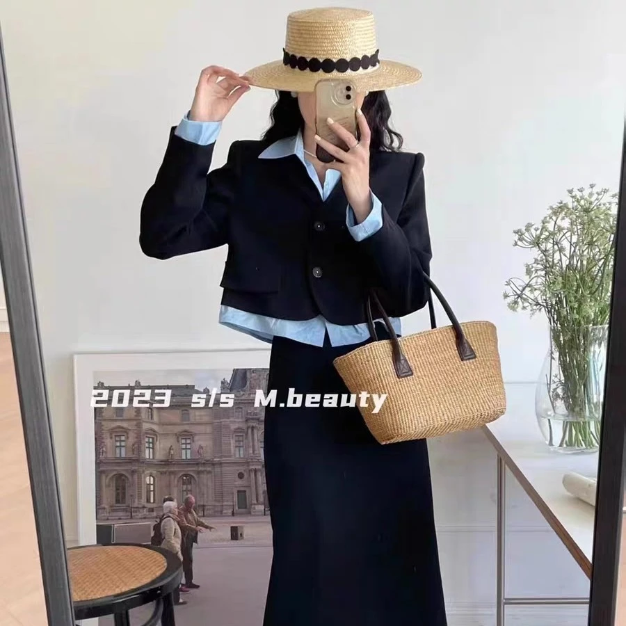 HQY+春秋新款拼色假两件套外套上衣中长款高腰半身裙女时尚套装