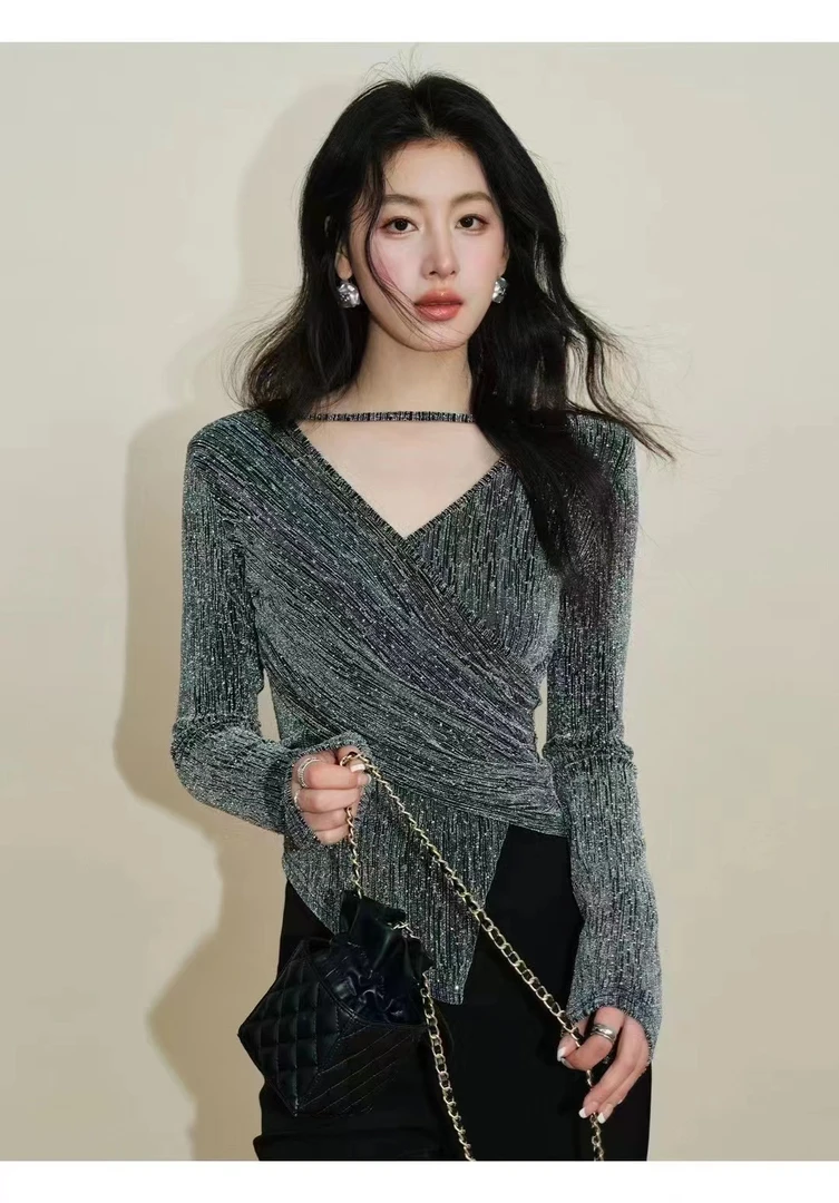 2024秋冬新款时尚不规则T恤女长袖欧货交叉上衣修身洋气小衫